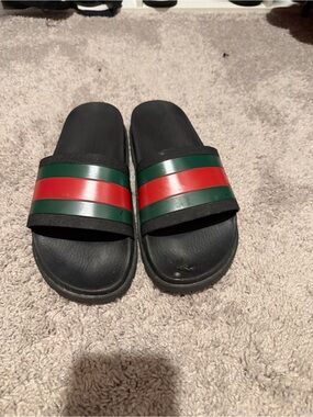 Gucci Black Slides with Green and Red Stripes